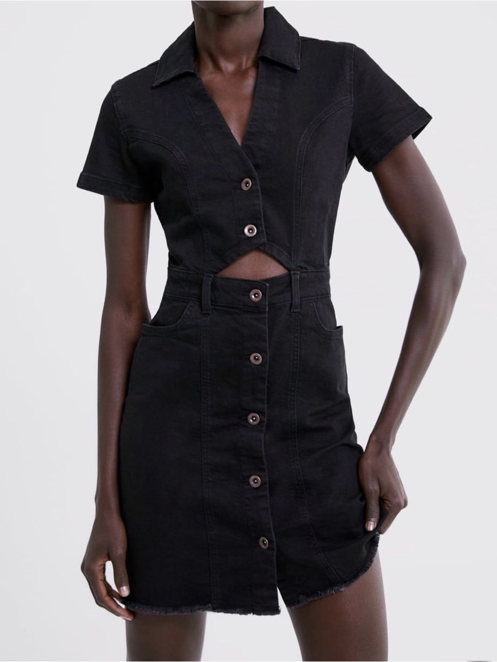 Zara Black Jean Short-Sleeve Button-Front Mini Dress